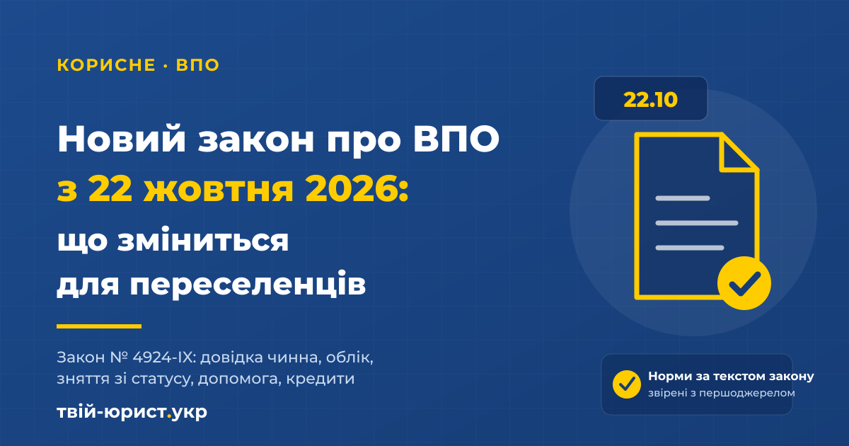 Новий закон про ВПО з 22 жовтня 2026: облік, зняття з обліку, допомога на проживання